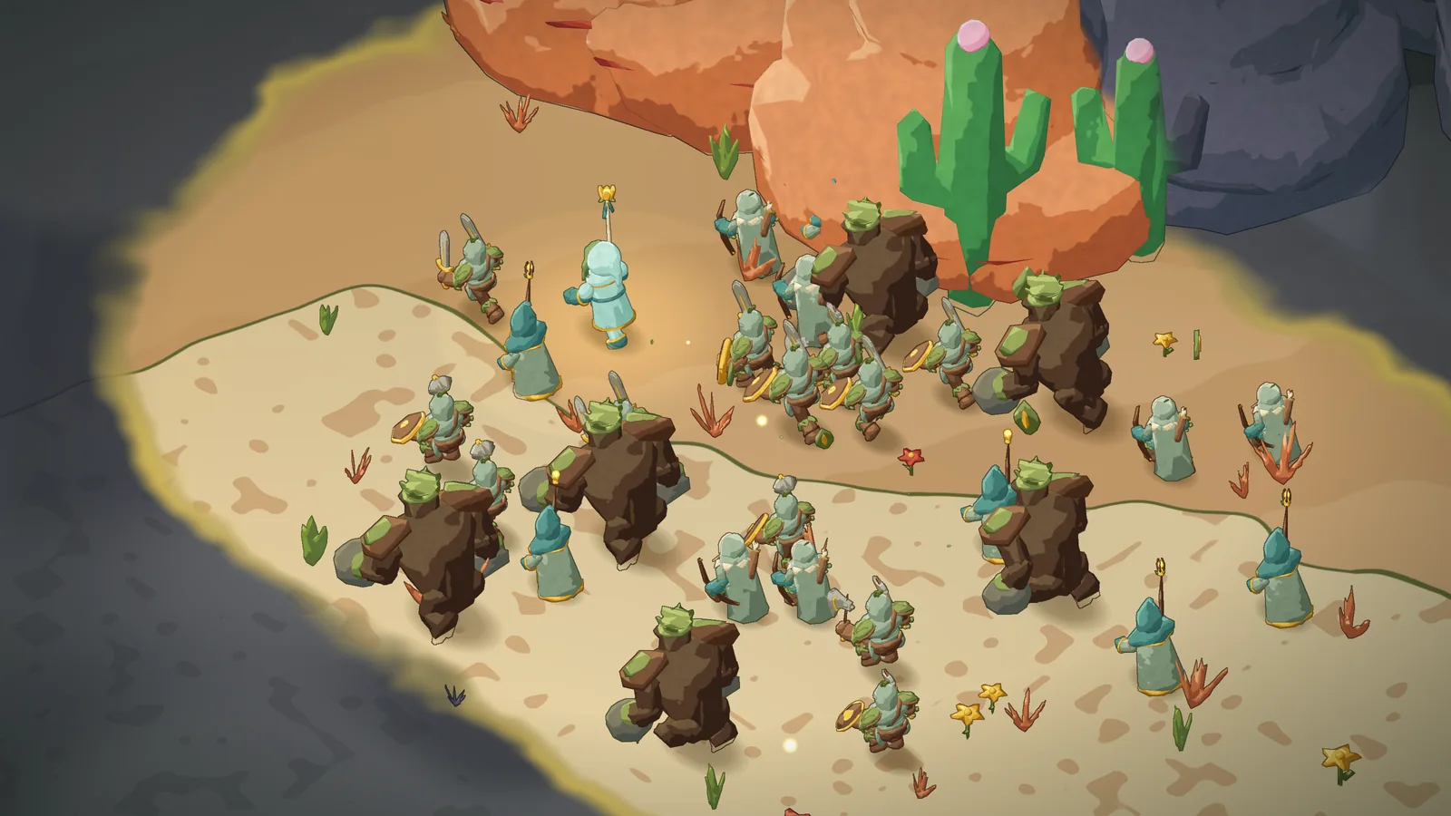 Summons cross the sand of the Dune Sea past red rocks and cacti, with the grey fog all around.