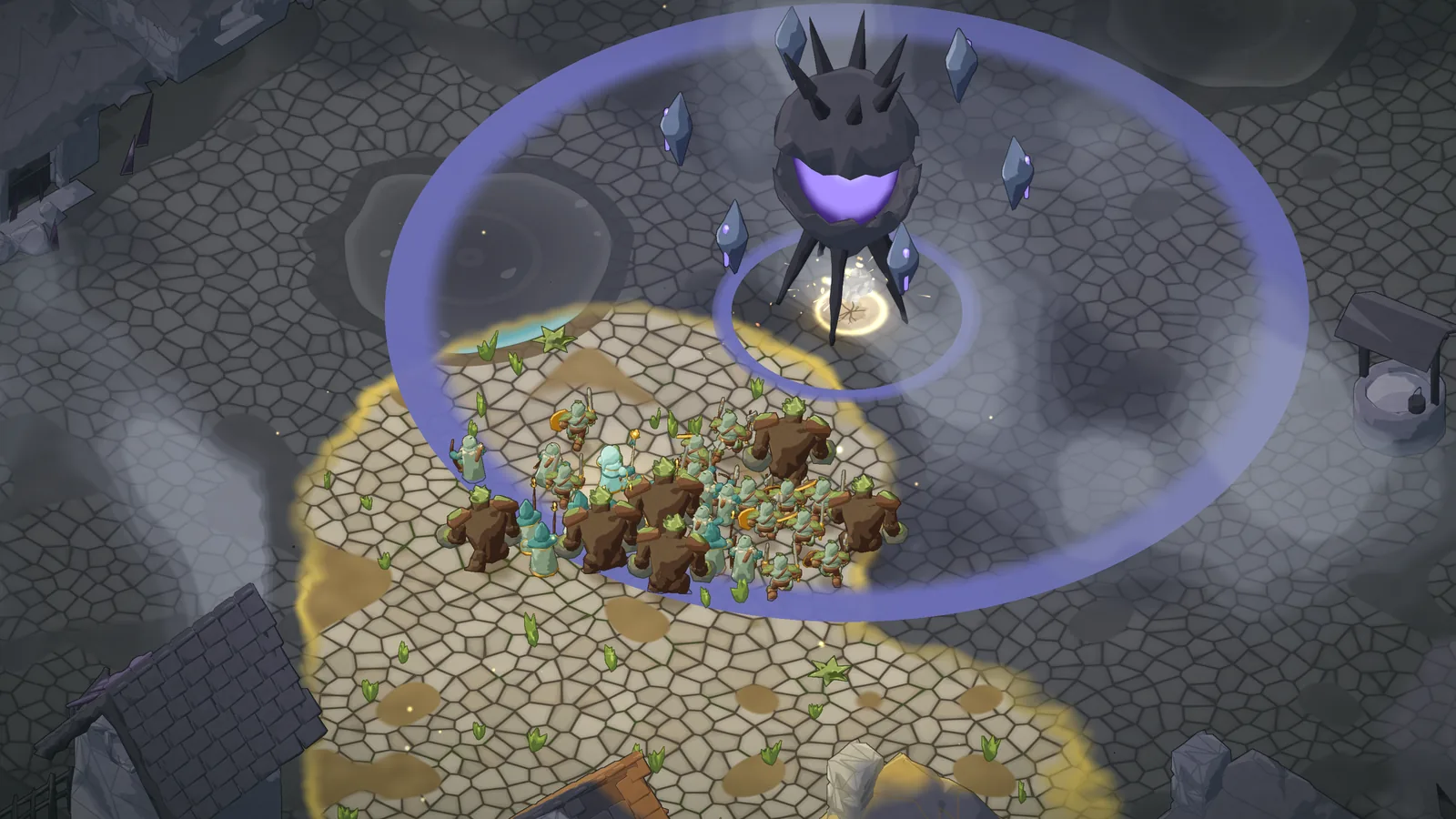 The Grey Heart, a Guardian, rings the ground where its blow will land, as the summons gather on the woken cobbles below.