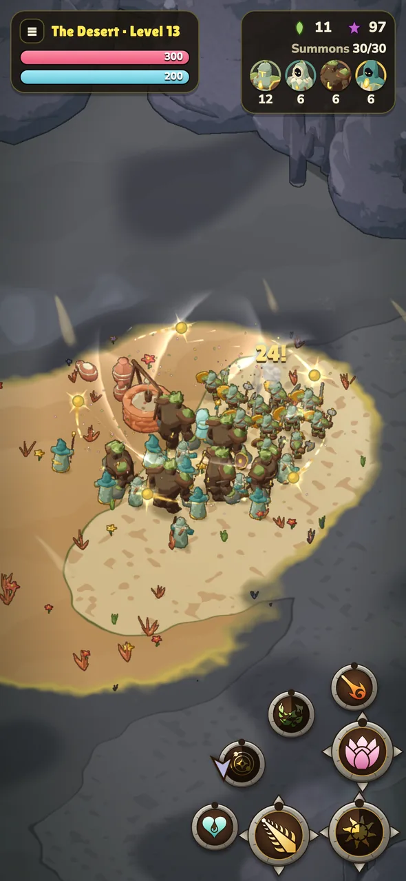 Bloom Summoner on a phone: the summons on a patch of cleansed ground, with the spell buttons in the corner.