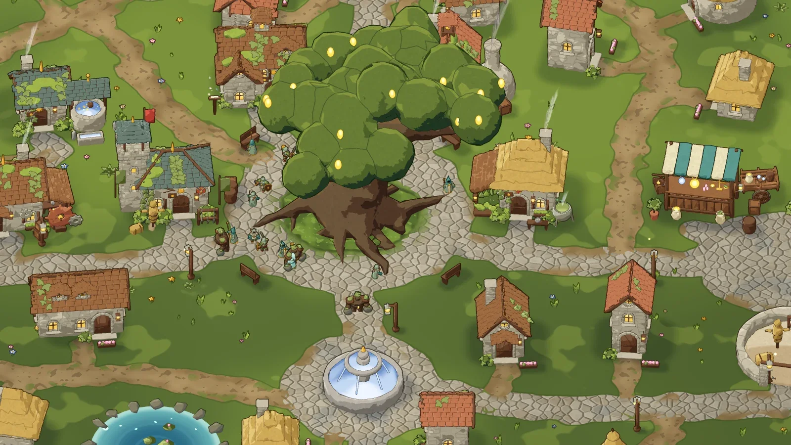 The restored village of Fernwick: stone cottages, cobbled streets and the Life Tree in full leaf.